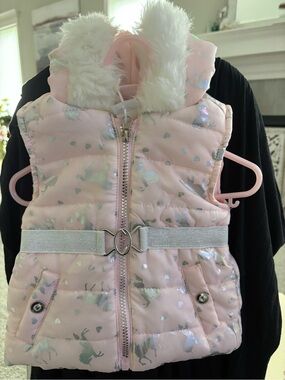 Little Lass Pink Unicorn Glitter Belt Puffer Vest with Faux Fur Hood